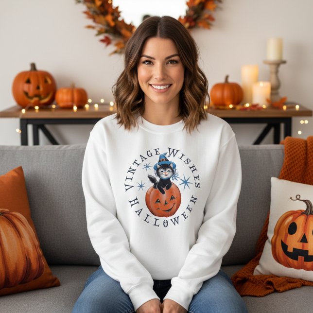 Sweatshirt Chat Citrouille rétro Vintage Halloween (Retro Pumpkin Cat Vintage Halloween Wishes Sweatshirt)