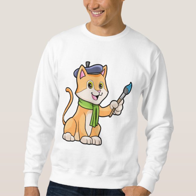 Sweatshirt Chat comme Peintre avec pinceau et écusson (Devant)