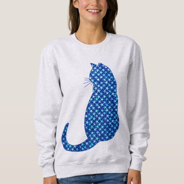 Sweatshirt Chat dans un Motif d'étoiles sur Deep Blue (Devant)