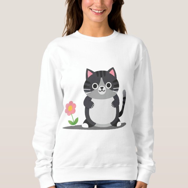 Sweatshirt Chat de dessin animé adorable avec fleur (Devant)