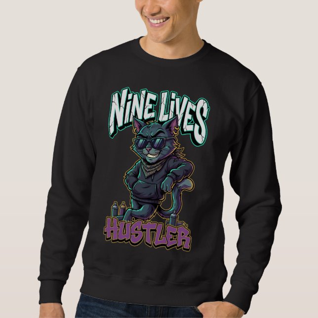 Sweatshirt Chat de rue graffiti urbain neuf vies Hustler (Devant)