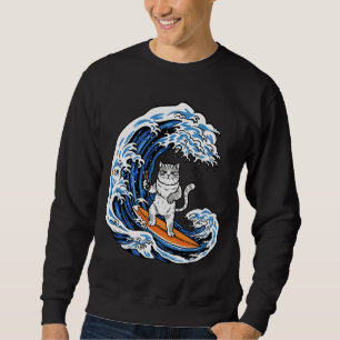 Sweatshirt Chat de Surf sur une Vague Bleue Épique – Océan de