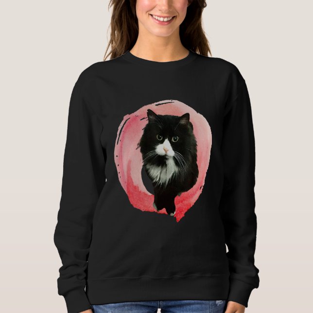 Sweatshirt Chat De Tuxedo Fluffé En Liquide Rose (Devant)