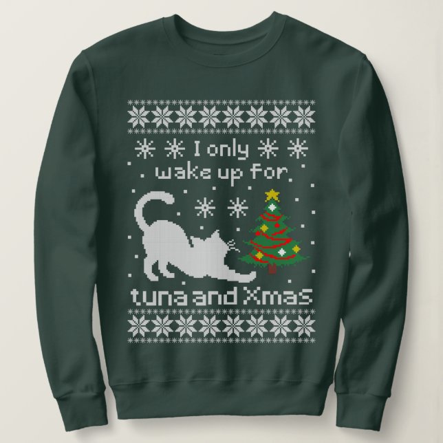 Sweatshirt Chat drôle en pixel Noël laid tricoté (Design devant)