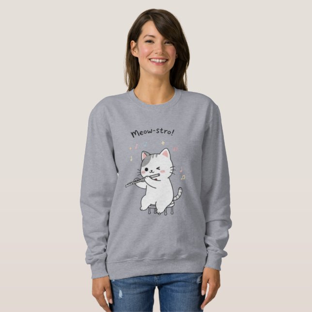 Sweatshirt Chat drôle jouant de la flûte Mode féminine (Devant entier)