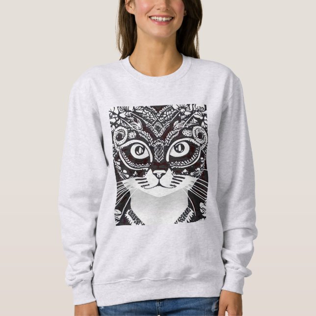 Sweatshirt Chat en noir et blanc Mardi Gras Masque à manches  (Devant)