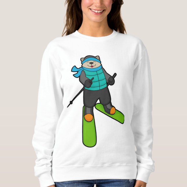 Sweatshirt Chat en Skier avec Ski (Devant)