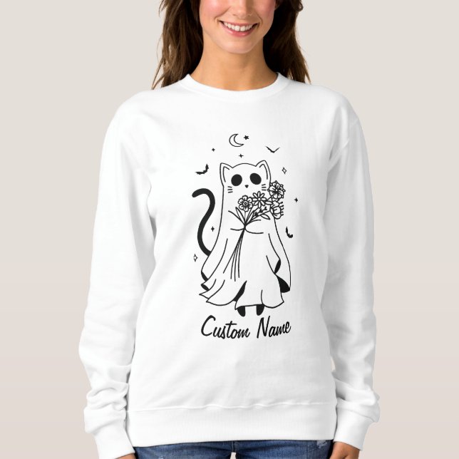 Sweatshirt Chat Fantôme customisé Halloween Boo (Devant)