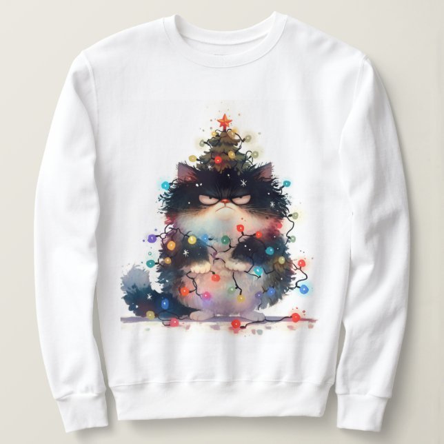 Sweatshirt Chat Grumpy dans les lumières de Noël Drôle Chat (Design devant)