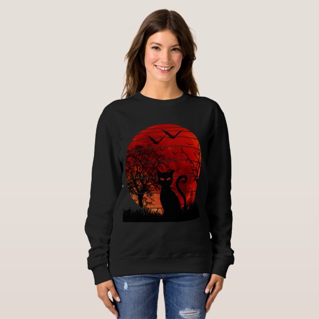 SWEATSHIRT CHAT LUNE ROUGE NUIT AMANT DES CHATS NOIRS (Devant entier)
