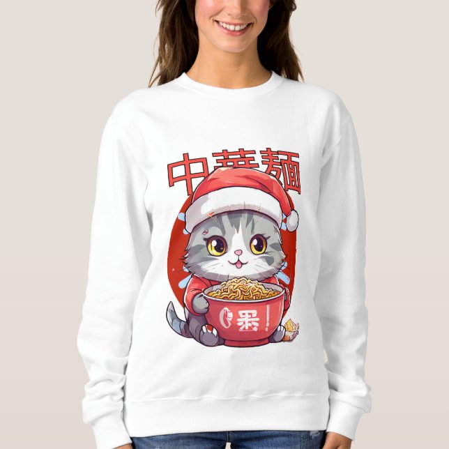 Sweatshirt chat mangeant des nouilles de ramen (Devant)