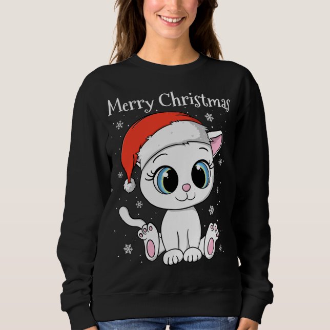 Sweatshirt Chat mignon avec chapeau de Père Noël Joyeux Noël (Devant)