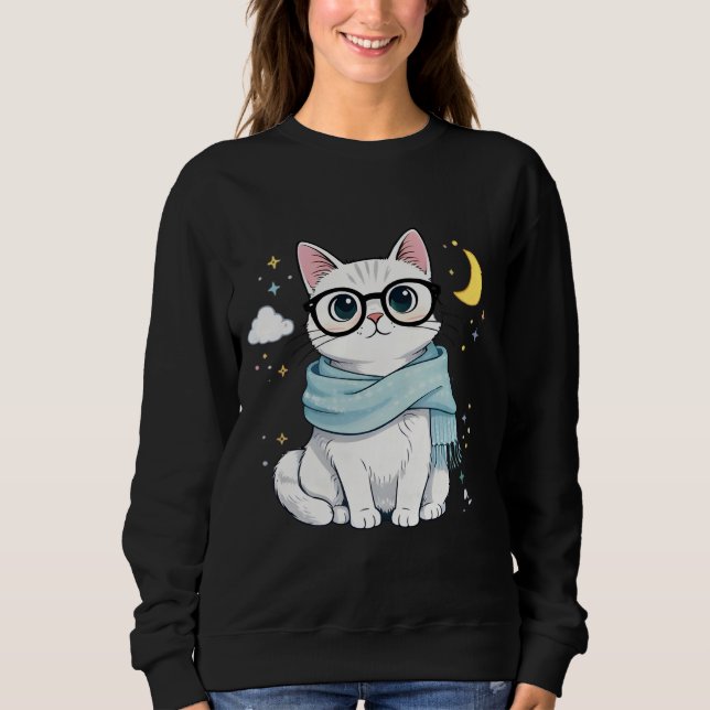 Sweatshirt Chat mignon et nerd avec lunettes et écharpe (Devant)