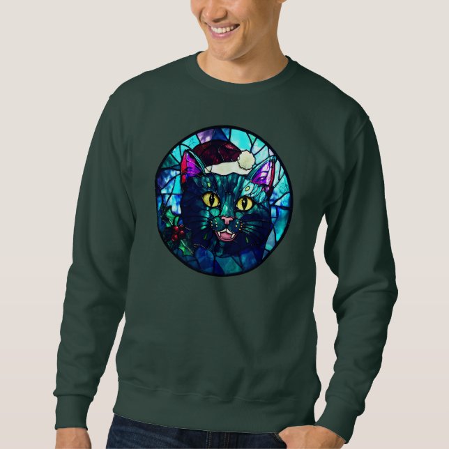 Sweatshirt Chat noir de Noël en vitrail qui miaule (Devant)