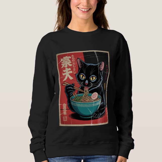 Sweatshirt Chat noir japonais mangeant de la nourriture pour  (Devant)