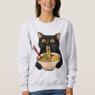 Sweatshirt Chat noir kawaii mangeant du Ramen, nourriture jap