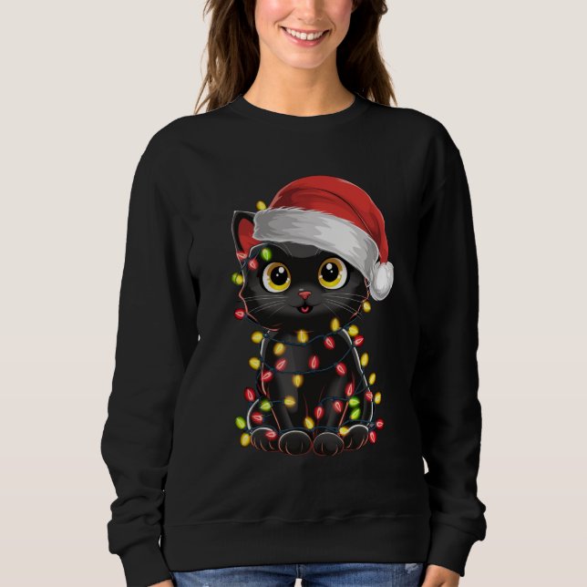 Sweatshirt Chat noir lumières d'arbre de Noël chaton drôle Pè (Devant)