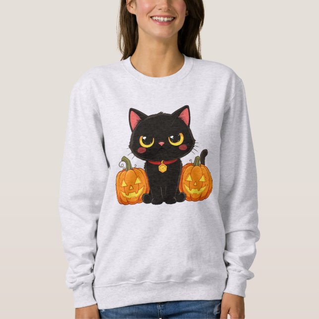 Sweatshirt Chat noir mignon et citrouilles Halloween (Devant)
