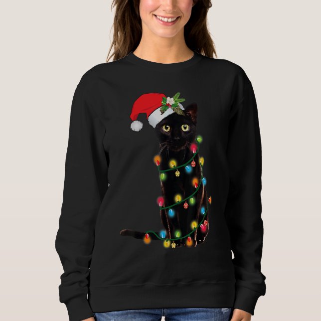 Sweatshirt Chat père Noël Tangé Dans Les Lumières Des Arbres  (Devant)
