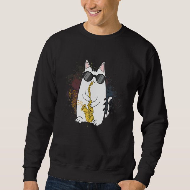 Sweatshirt Chat Portant des lunettes de soleil Jouer Saxophon (Devant)