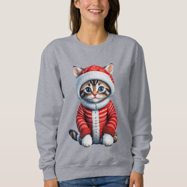 Sweatshirt Chaton dans un pull de Noël rouge et blanc (Devant)