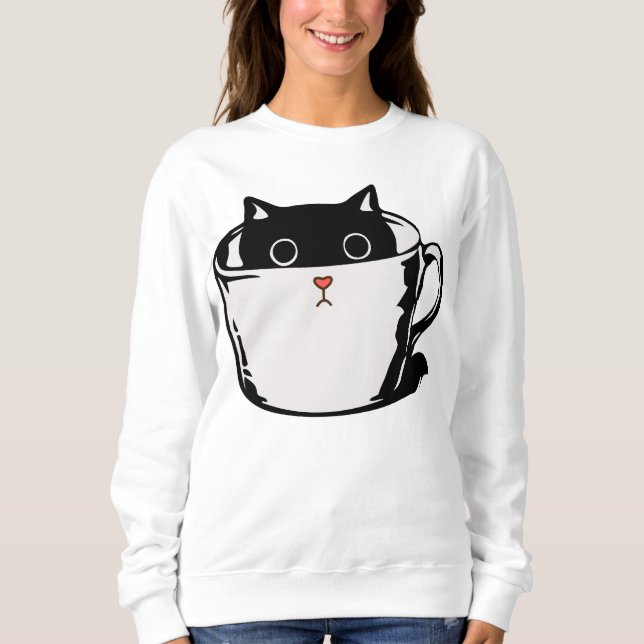 Sweatshirt Chaton noir avec nez rouge caché dans une tasse (Devant)