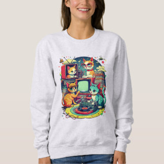 Sweatshirt Chats Modernes du Milieu du Siècle avec Disques et