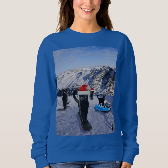 Sweatshirt Chats Noirs Snowboard à Noël (Devant)
