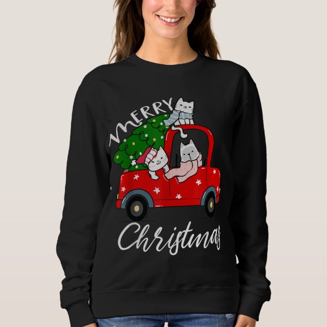 Sweatshirt Chats xmas Chemise Arbre sur Camion Rouge Chat Noë (Devant)