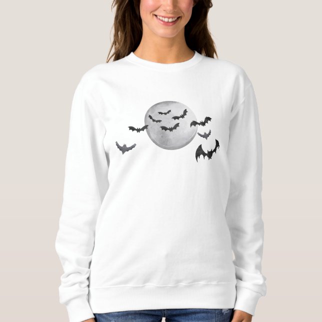 Sweatshirt Chauve-souris noire et lune Halloween noir et blan (Devant)