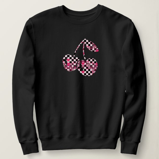 Sweatshirt Checkers & Pink Hearts Patterned Cherries (Design devant)