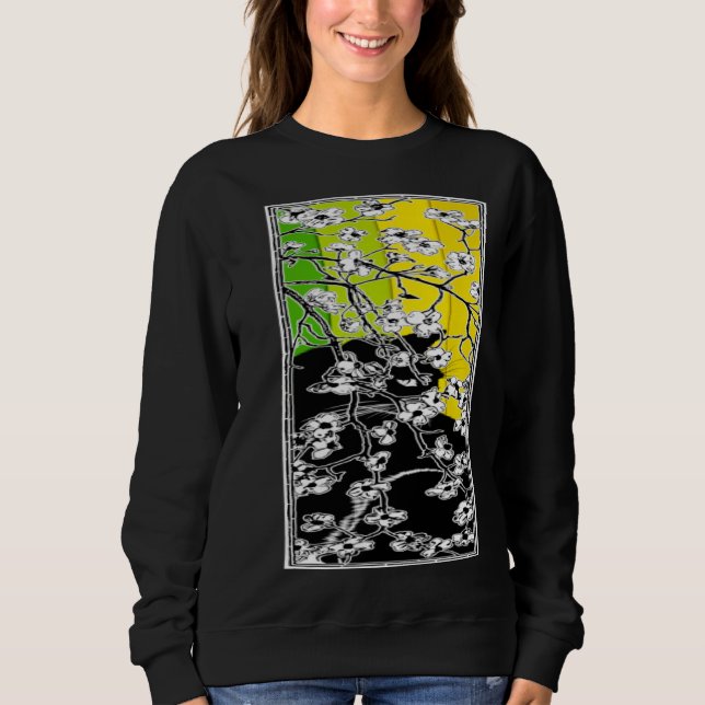 Sweatshirt Cherry Blossom Flowers Cat Black Stripes Green and (Devant)