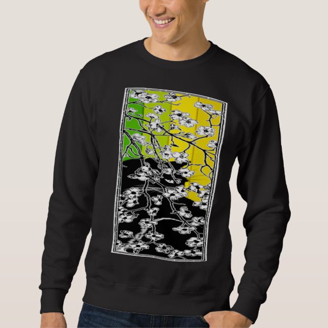 Sweatshirt Cherry Blossom Flowers Cat Black Stripes Green and (Devant)