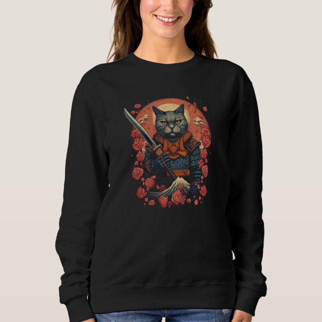 Sweatshirt Cherry Blossom Samurai Cat Classic Japanese Style  (Devant)
