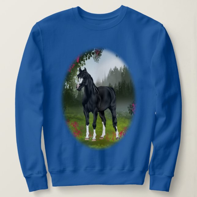Sweatshirt Cheval arabe noir dans une prairie printanière (Design devant)
