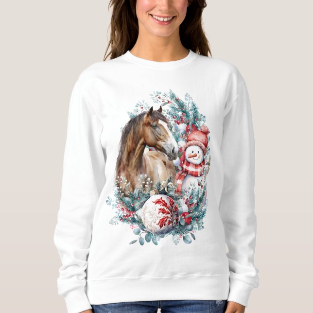 Sweatshirt Cheval bonhomme de neige aquarelle de Noël élégant (Devant)