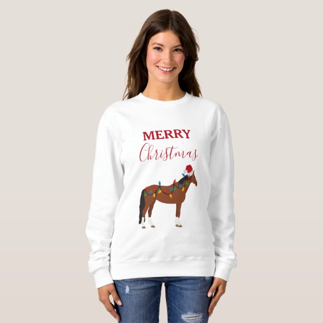 Sweatshirt Cheval de Noël Santa Chapeau Noël Lumières (Devant entier)