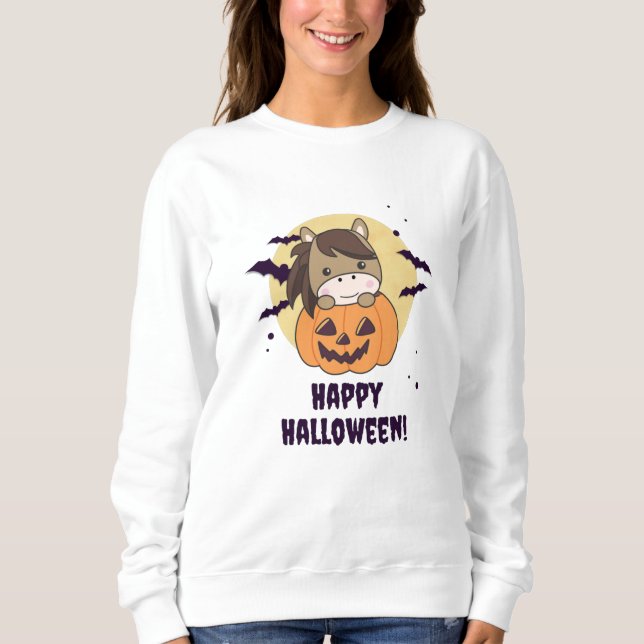 Sweatshirt Cheval En Chevaux Doux Citrouille Joyeux Halloween (Devant)