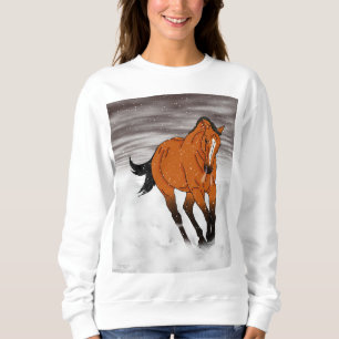 Sweatshirt Cheval gambadant de peau de daim dans la neige