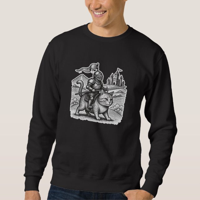 Sweatshirt Chevalier de la Gravure Rétro Chevauchant un Chat  (Devant)