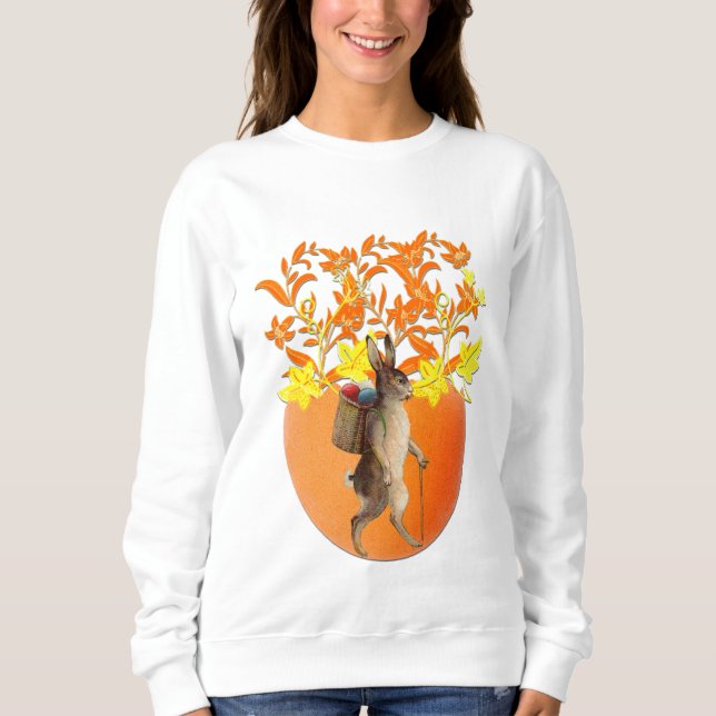Sweatshirt Chic Orange Fleurs Florales Lapin de Pâques Oeuf L (Devant)