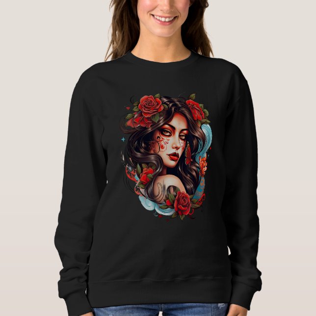 Sweatshirt Chicano Girl Mexico Flowers Death Pretty 14 (Devant)