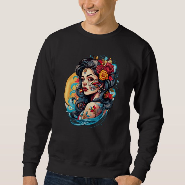 Sweatshirt Chicano Girl Mexico Flowers Death Pretty 2 (Devant)