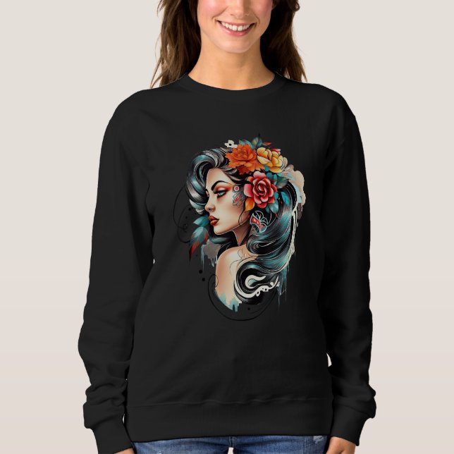 Sweatshirt Chicano Girl Mexico Flowers Death Pretty 8 (Devant)