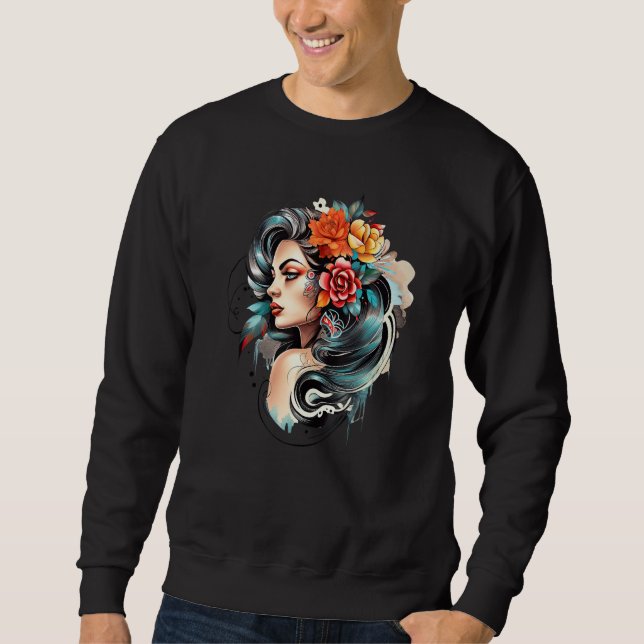 Sweatshirt Chicano Girl Mexico Flowers Death Pretty 8 (Devant)