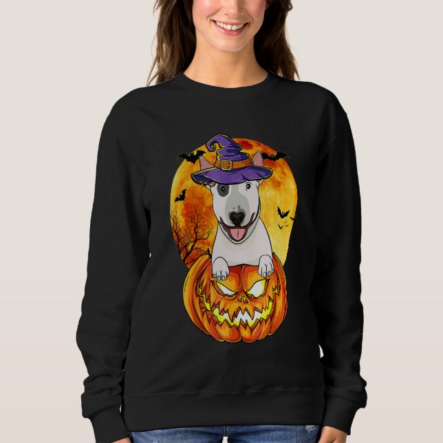 Sweatshirt Chien Bull Terrier Sorcière Citrouille Halloween (Devant)