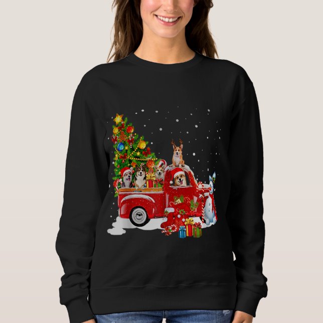 Sweatshirt Chien de Corgi sur Camion Rouge Pajama de Noël Drô (Devant)