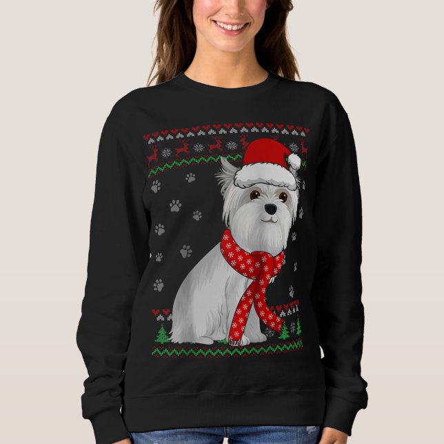 Sweatshirt Chien maltais mignon moche Chandail de Noël Santa  (Devant)