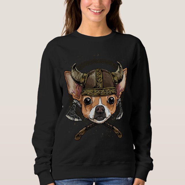 Sweatshirt Chihuahua Viking Dog Avec Casque Viking Mjolnir Ax (Devant)
