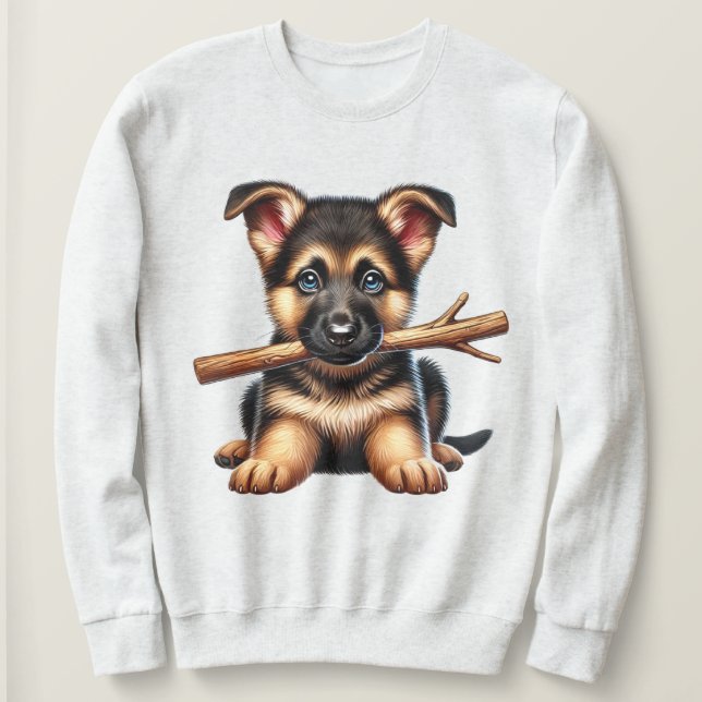 Sweatshirt Chiot berger allemand tenant un bâton dans sa bouc (Design devant)